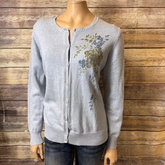 Vintage Eddie‎ Bauer Cardigan L Large Blue Floral Cotton Blend Preppy Classic - Picture 1 of 6